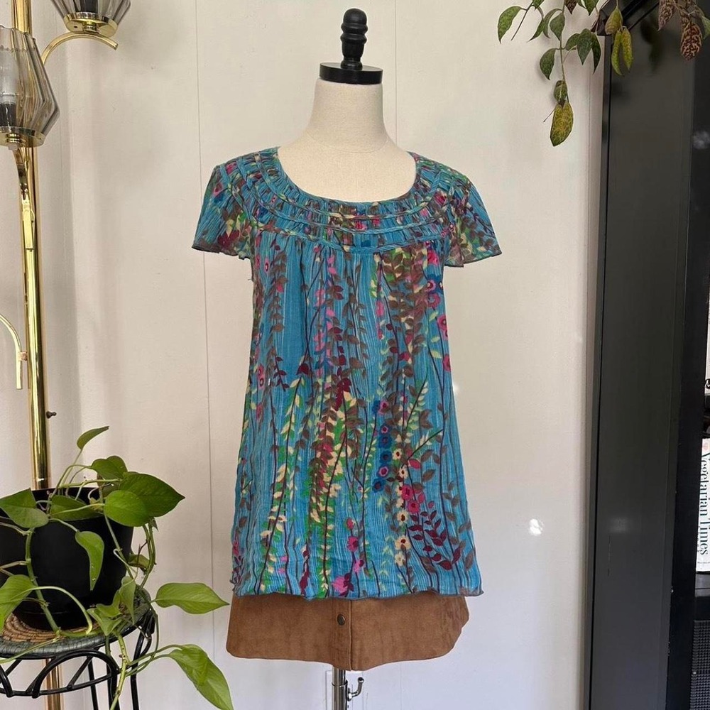 Free People Vintage 90s Floral Crinkle Tunic Blouse Aqua Blue Pink Green Small